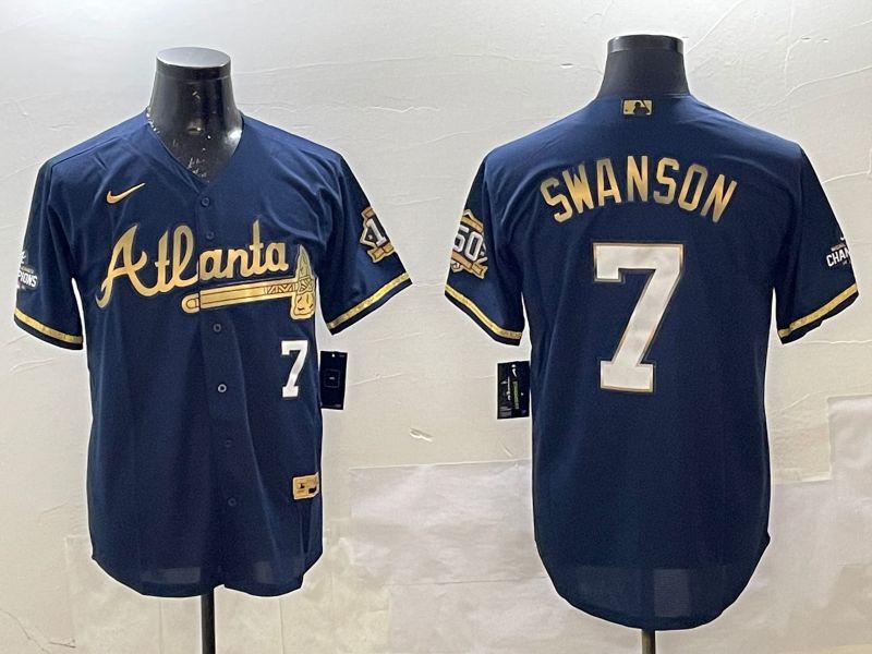Men Atlanta Braves 7 Swanson Black Gold Game 2025 Nike MLB Jersey style 2